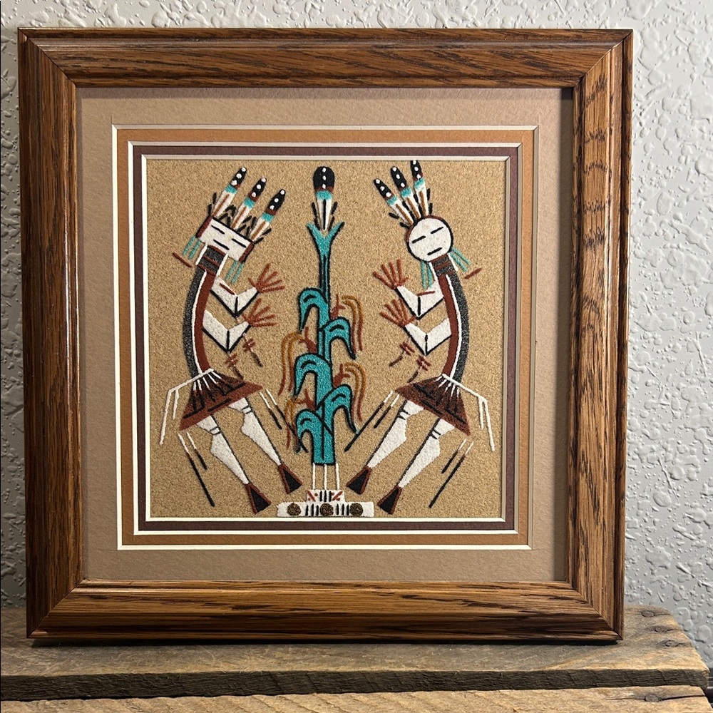 Native-Inspired Framed Sand Art in Turquoise, Brown & Cream Dad Core